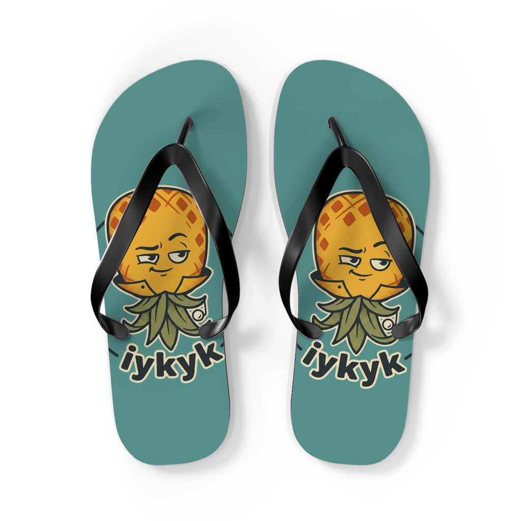 Pineapple Character Flip Flops – Teal 'iykyk' Summer Beach Sandals