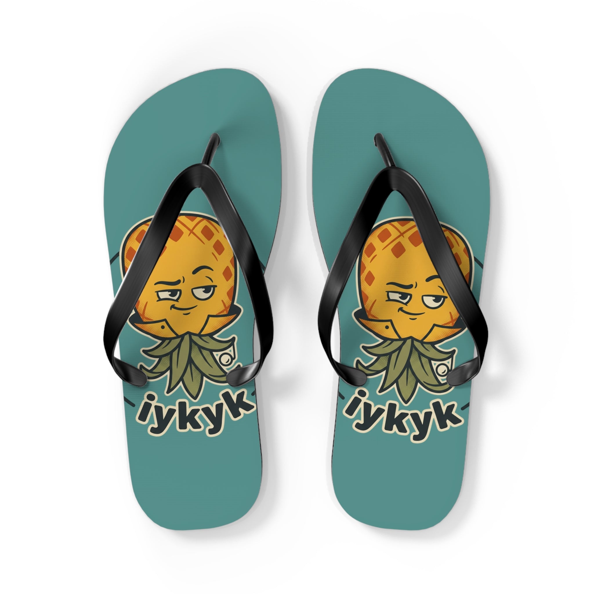 Pineapple Character Flip Flops – Teal 'iykyk' Summer Beach Sandals