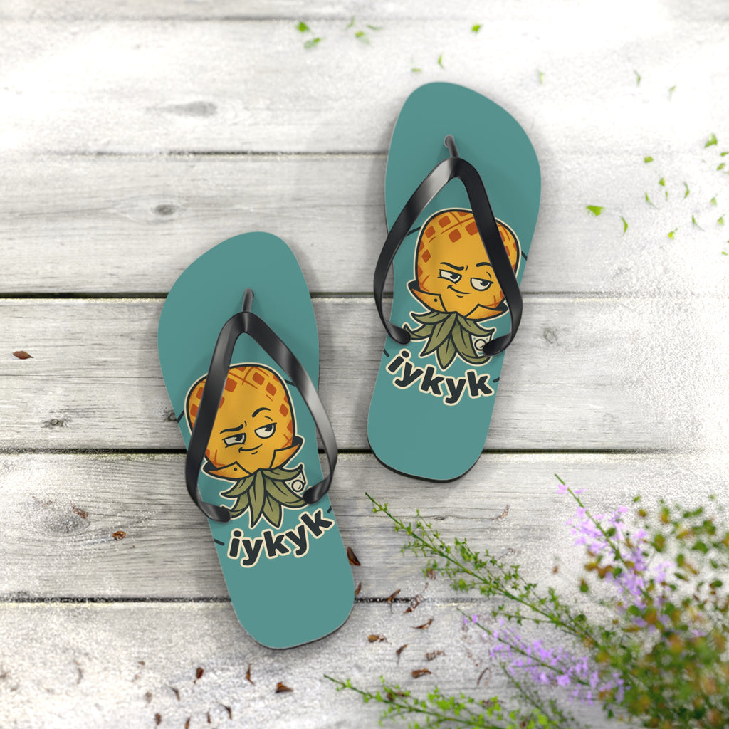 Pineapple Character Flip Flops – Teal 'iykyk' Summer Beach Sandals